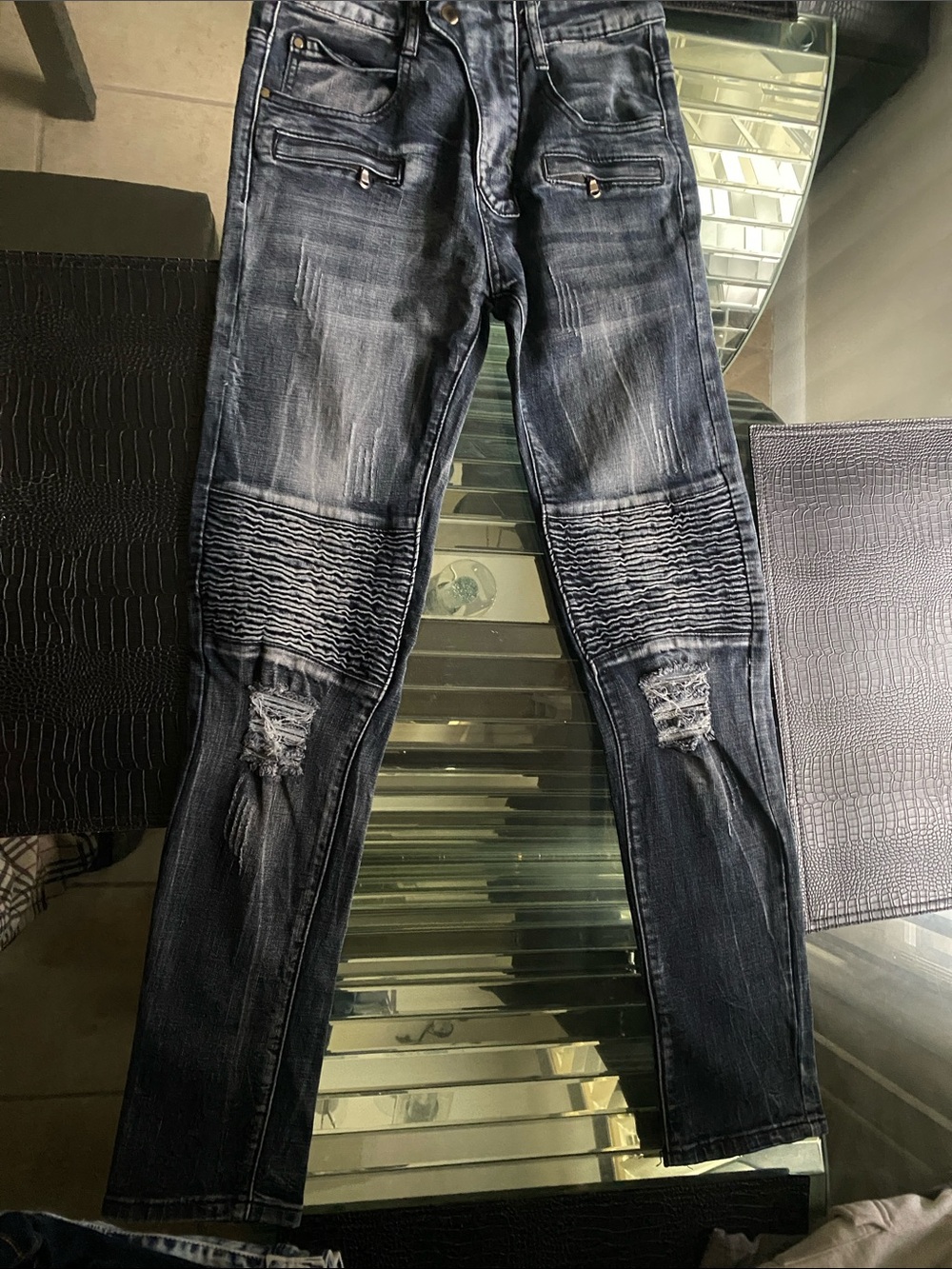 Men's Washed Black Moto Ripped Jeans